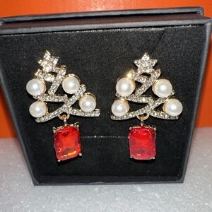 Dangling Christmas Tree Earrings Diamonds, Pearls, and Red Stone. Brand New!